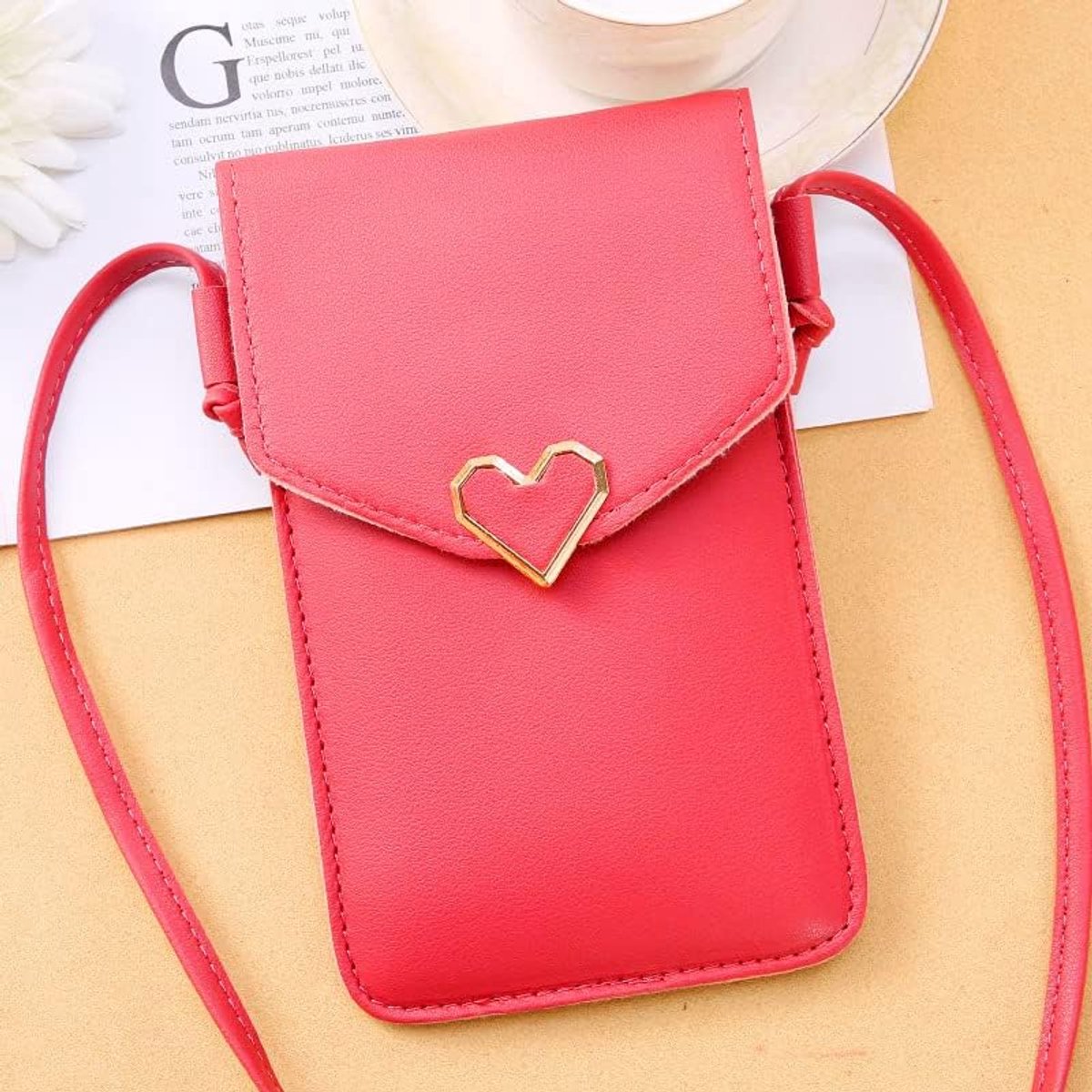 Dames, Mini Mobiele Telefoon Tas met Transparant PU Leer voor Touchscreen Liefde Lock, Rood, 12cm x 19cm