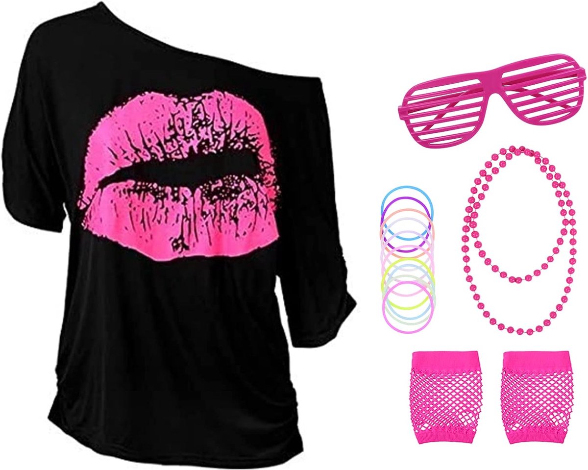 Jaren 80 Kostuum Accessoires Set, 5PCS T-Shirt Hoofdband Oorbel Ketting Bril, Jaren 80 Kostuums Accessoires voor Vrouwen Meisjes Volwassenen 80s Themafeest Mardi Gras