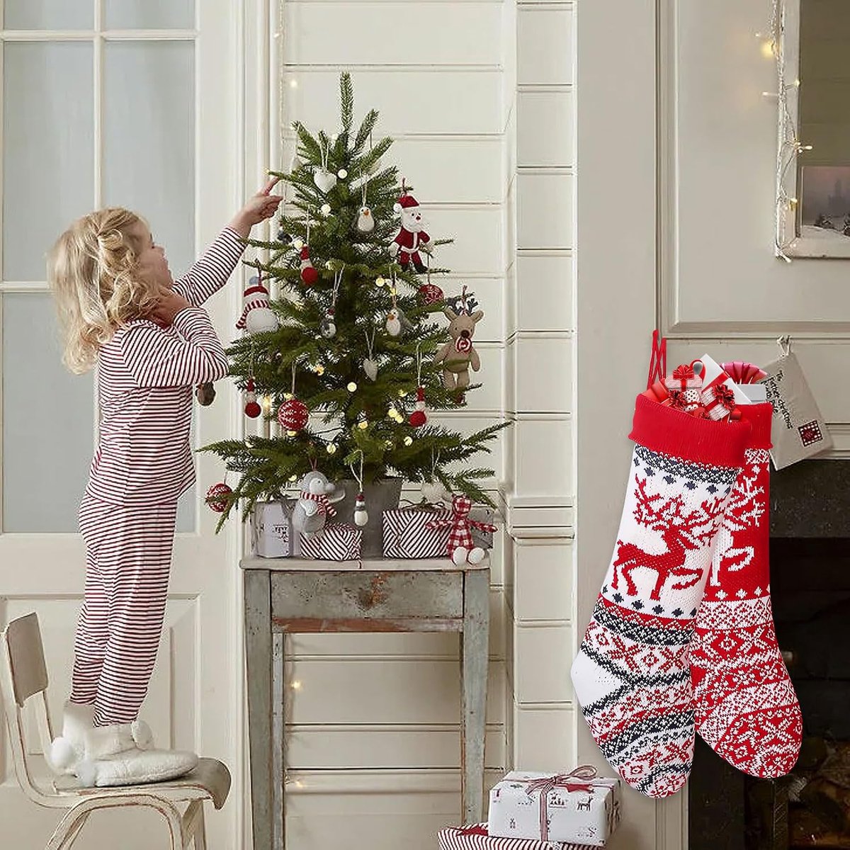 Kousen, grote kerstlaarzen, gepersonaliseerd, kerstkous, cadeauzak, gebreide kerstkous om te vullen, kerstboom, open haard hangende ornamenten, voor kerstdecoratie