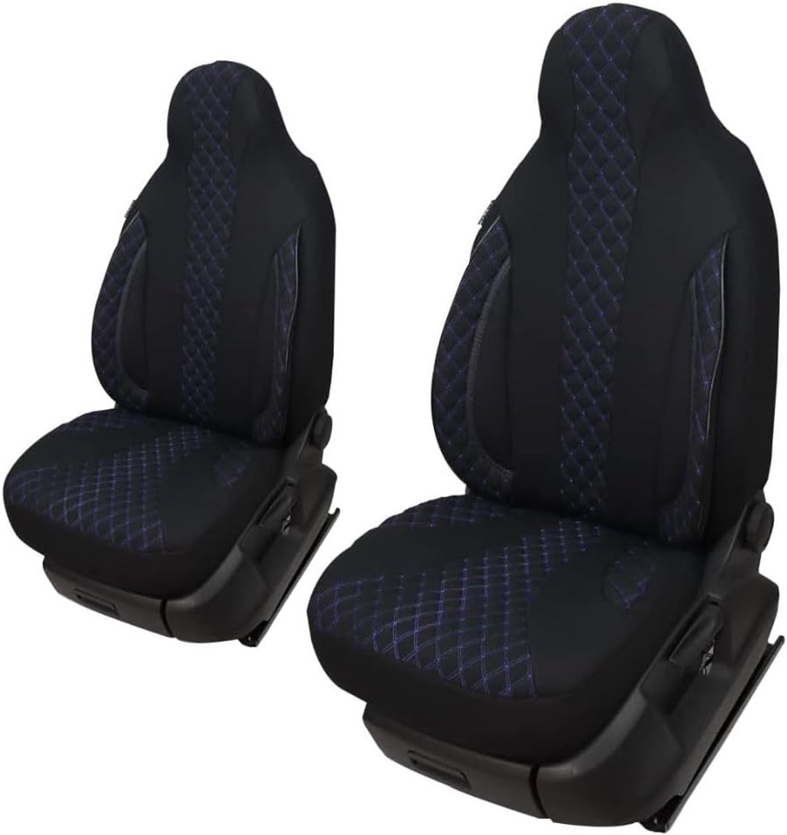 Stoelhoezen voor bestuurder en passagiers, set compatibel met camper FIAT Ducato, Pössl, Knaus, Adria, Carthago, Pilote Laika WPL406, zwart/blauwe naad