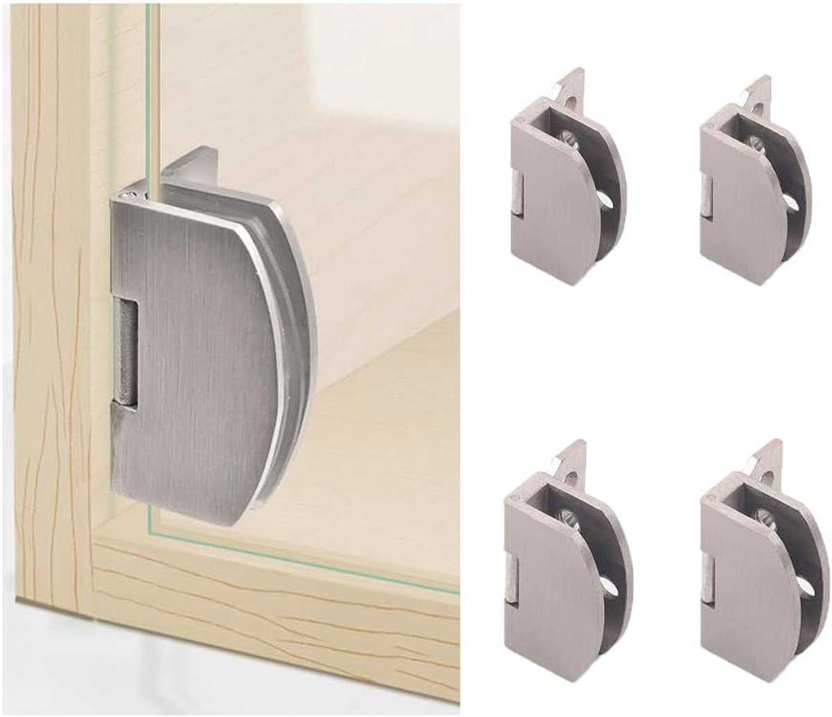 kast scharnier, wijnkast boekenkast deur scharnier vitrine scharnier glazen clip 90 graden, geschikt voor 5-7 mm glazen deur (4, zilver)