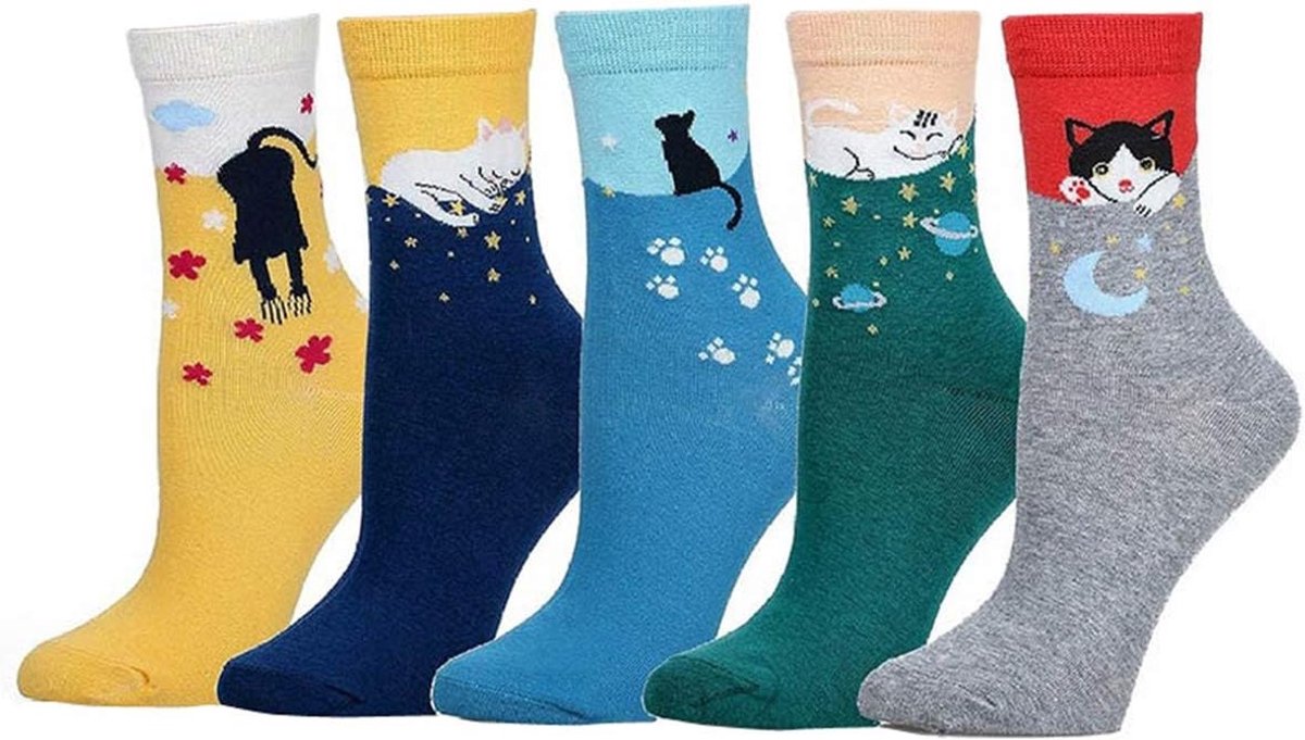 Sokken, katoen, 5 paar, schattige grappige kleurrijke sokken, thermische sokken, ademend, zacht, katoenen sokken, sneakers, korte sokken, sportsokken, vrouwen, meisjes, sokken, 5 katten