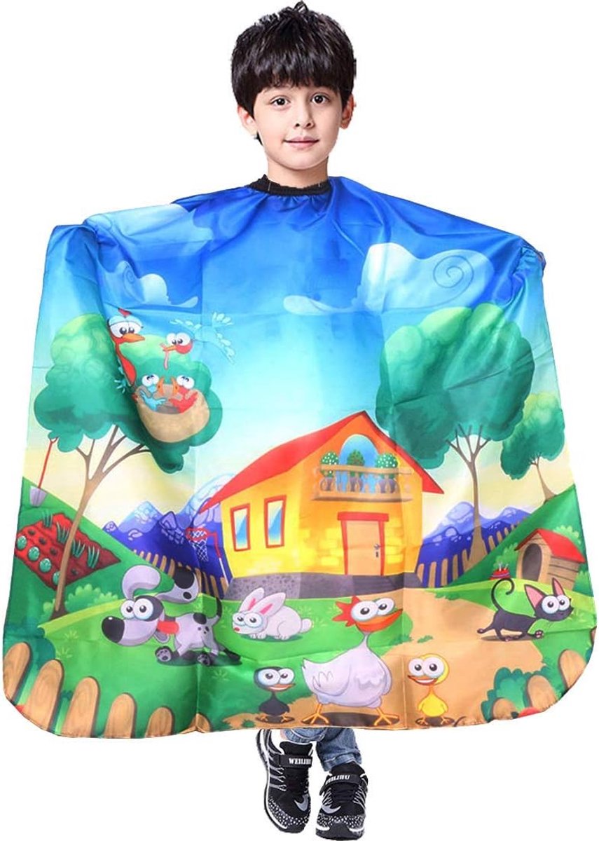 Kapperscape voor kinderen, cartoon-print, kappersschort, kappersschort, cape sjaal met verstelbare kliksluiting, waterdicht (Happy Farm), blauw, M