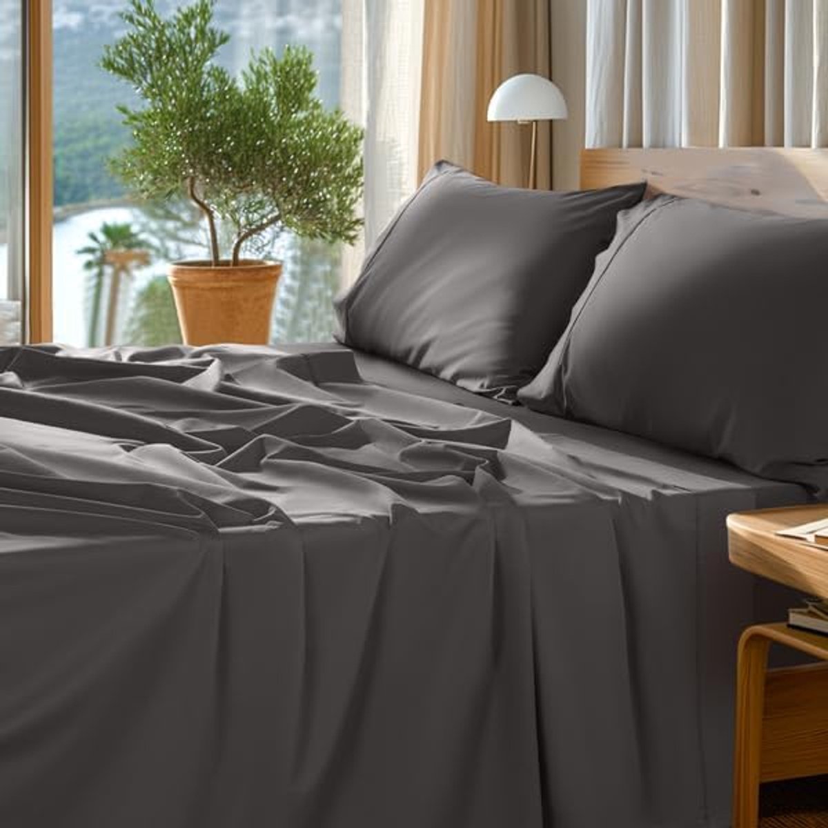 KATE Lakenset van 100% Egyptisch katoen - 1000 hoge draadtelling, luxe 5-sterren hotel satijnen lakens, zachte, ademende lange lakens, geschikt tot 40,6 cm - 4 stuks (donkergrijs, kingsize)