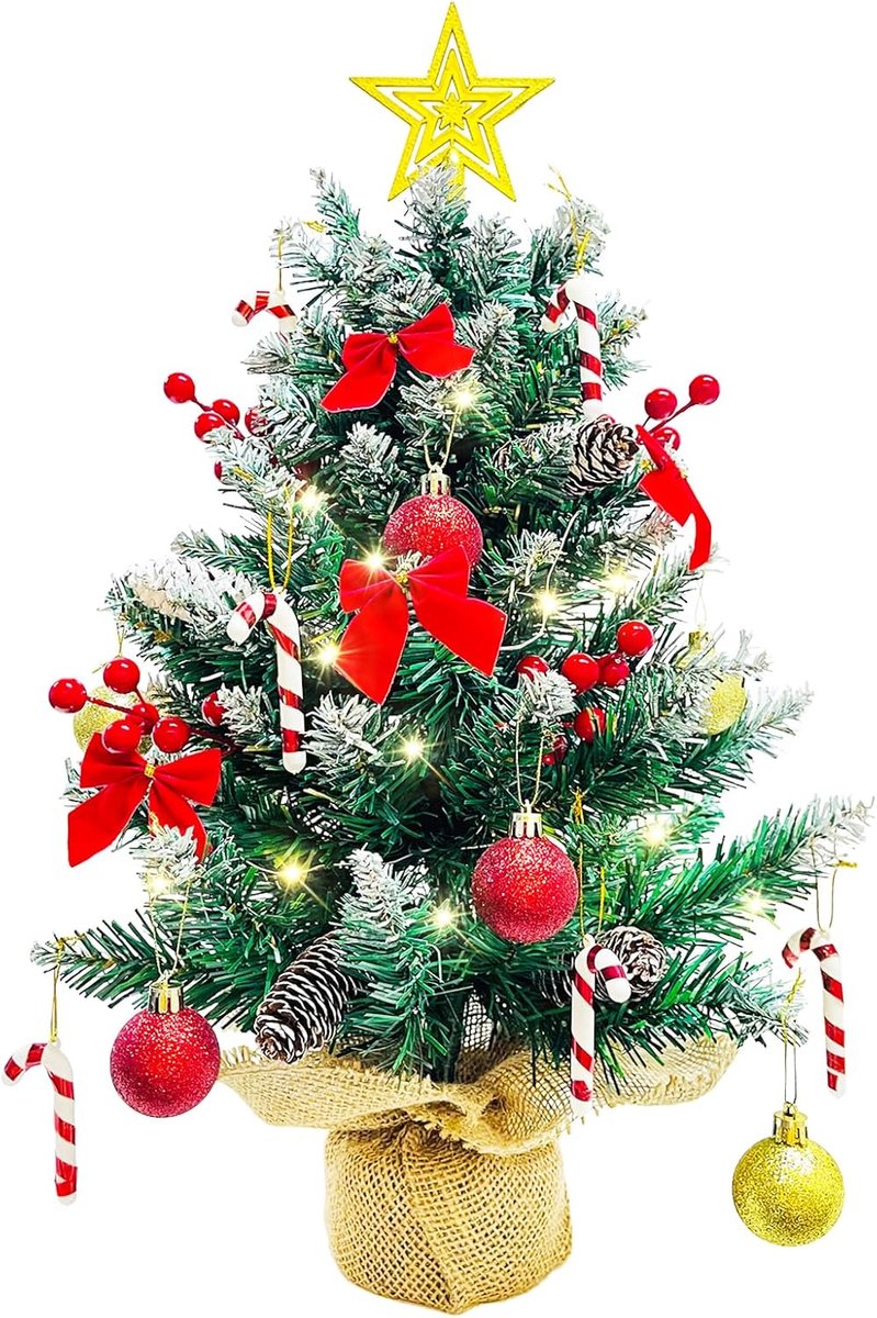 Bomen Pre Lit 60cm, 2ft kerstboom met kerstboom Topper, tafelblad kerstboom met verlichting, mini kerstboom ornament, Xmas decoraties kerstballen bessen dennenappels stok DIY Craft Set
