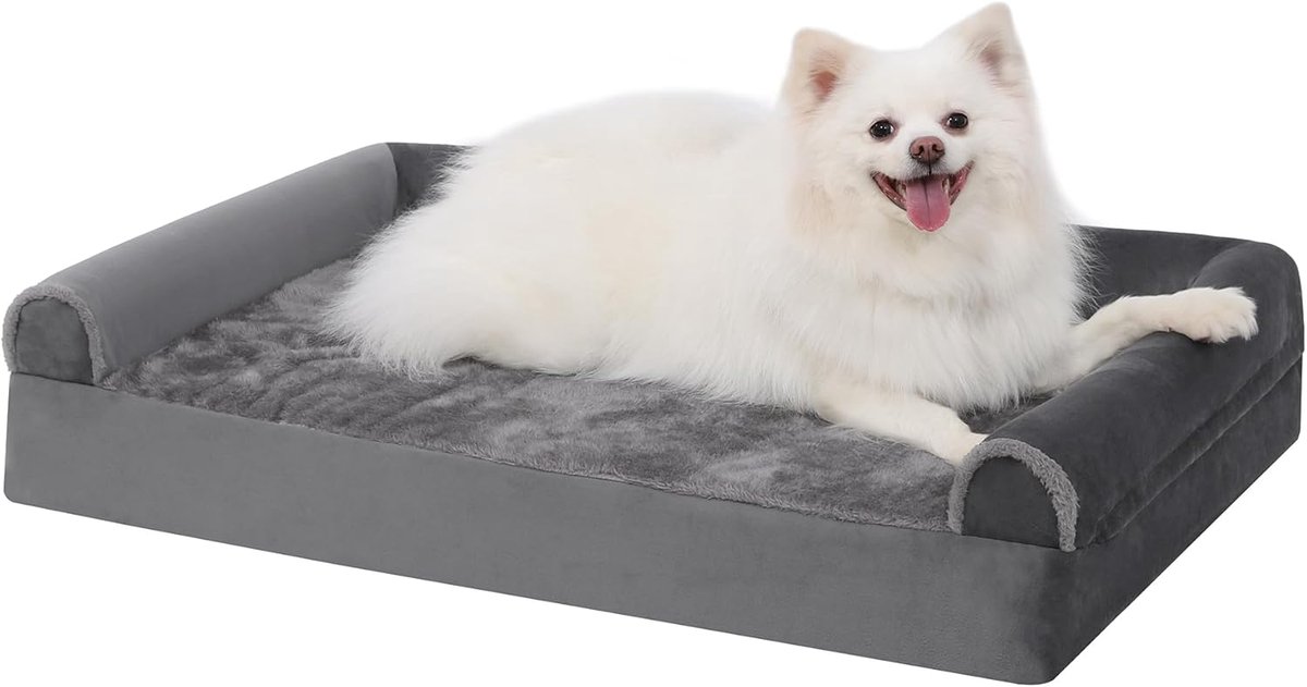 Orthopedisch hondenbed, hondenmand, middelgrote honden, 90 x 57 x 16 cm, hondensofa, overtrek, afneembaar, wasbaar, hondenbedden met drie verhoogde randen, hondenbank antislip onderkant, grijs
