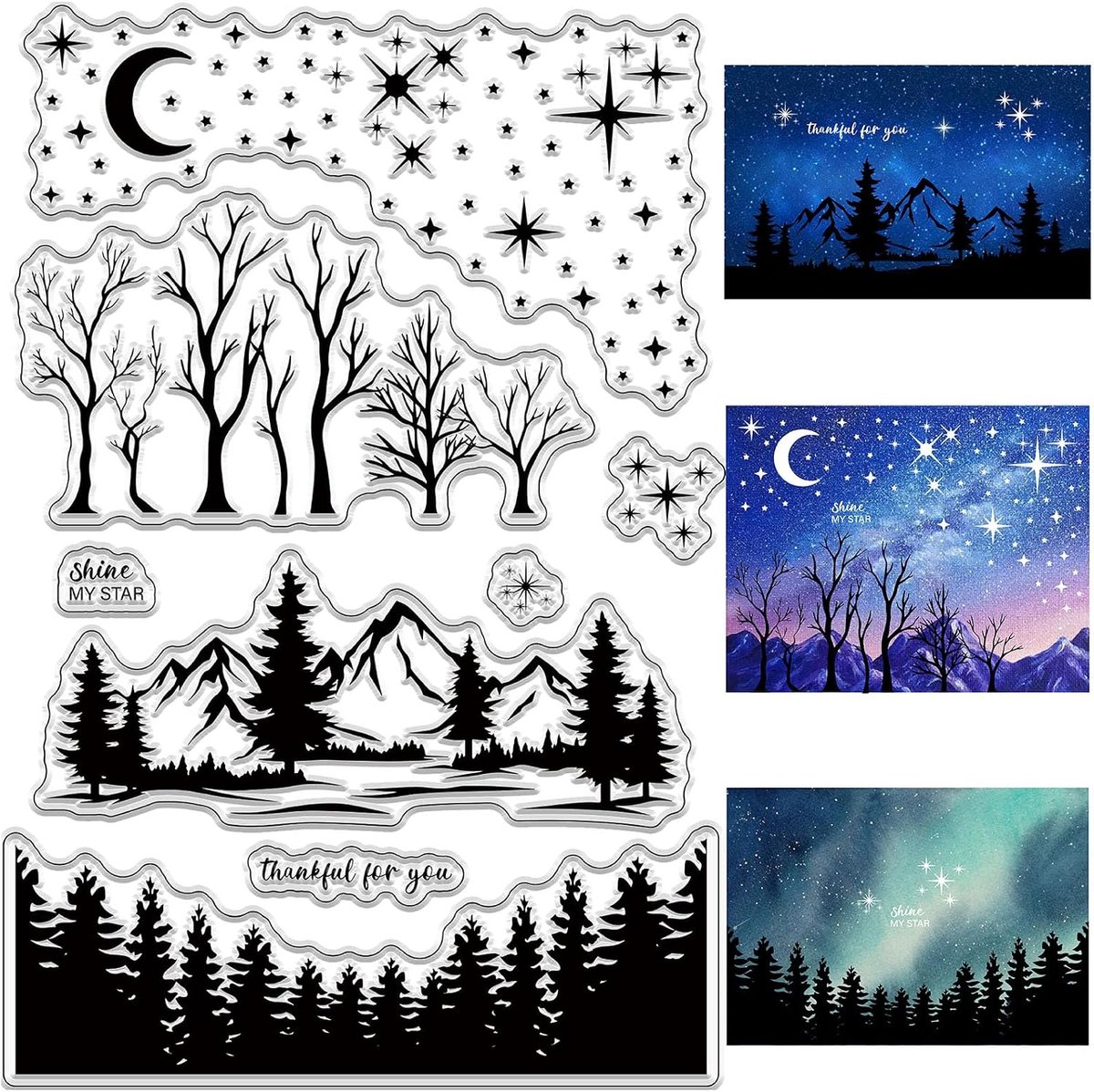 Bos Berglandschap Heldere Rubberen Stempel Ster Maan Dennenboom Vintage Transparante Siliconen Zegels Stempel Retro voor Journaling Kaarten Maken Doe-Het-Zelf Scrapbooking Handgemaakte