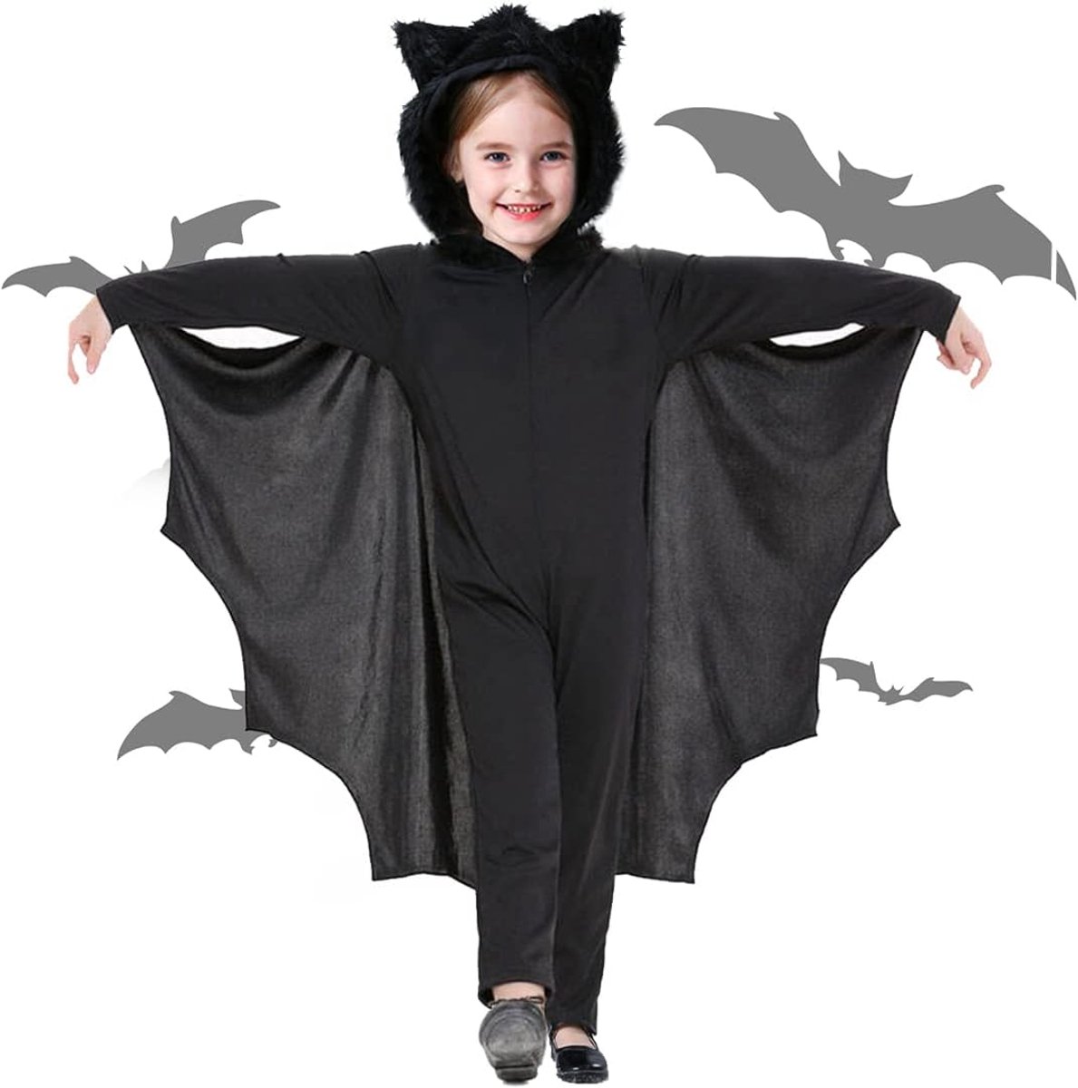 Murcielago Kinderkostuum met capuchon en zwarte vleugels, vleermuiscape voor kinderen, met handschoenen, vampiervleermuis, Halloween-kostuum voor meisjes