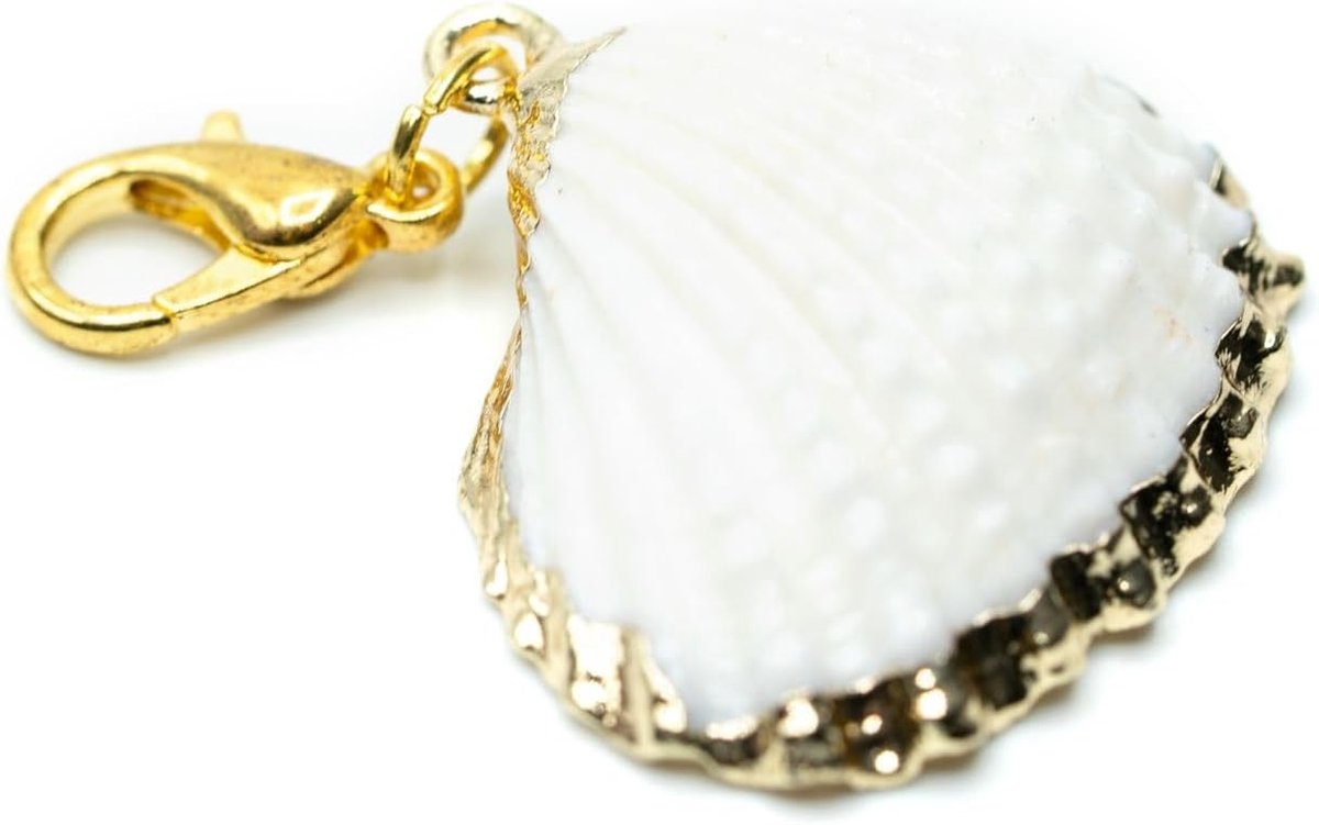 Schelpvormige bedelhanger, zomer, strand, zee, vakantie, boho, wit, goud, handgemaakt modesieraad, kettinghanger, verguld, bedelarmband, hanger voor armband, 30 mm, Echte schelp met