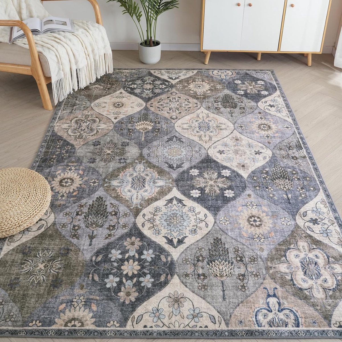Vloerkleed, bloemen, boho, antislip, wasbaar, klein, ultrazacht, antiek tapijt, woonkamer, lage pool voor woonkamer, slaapkamer, kinderkamer, 80 x 150 cm