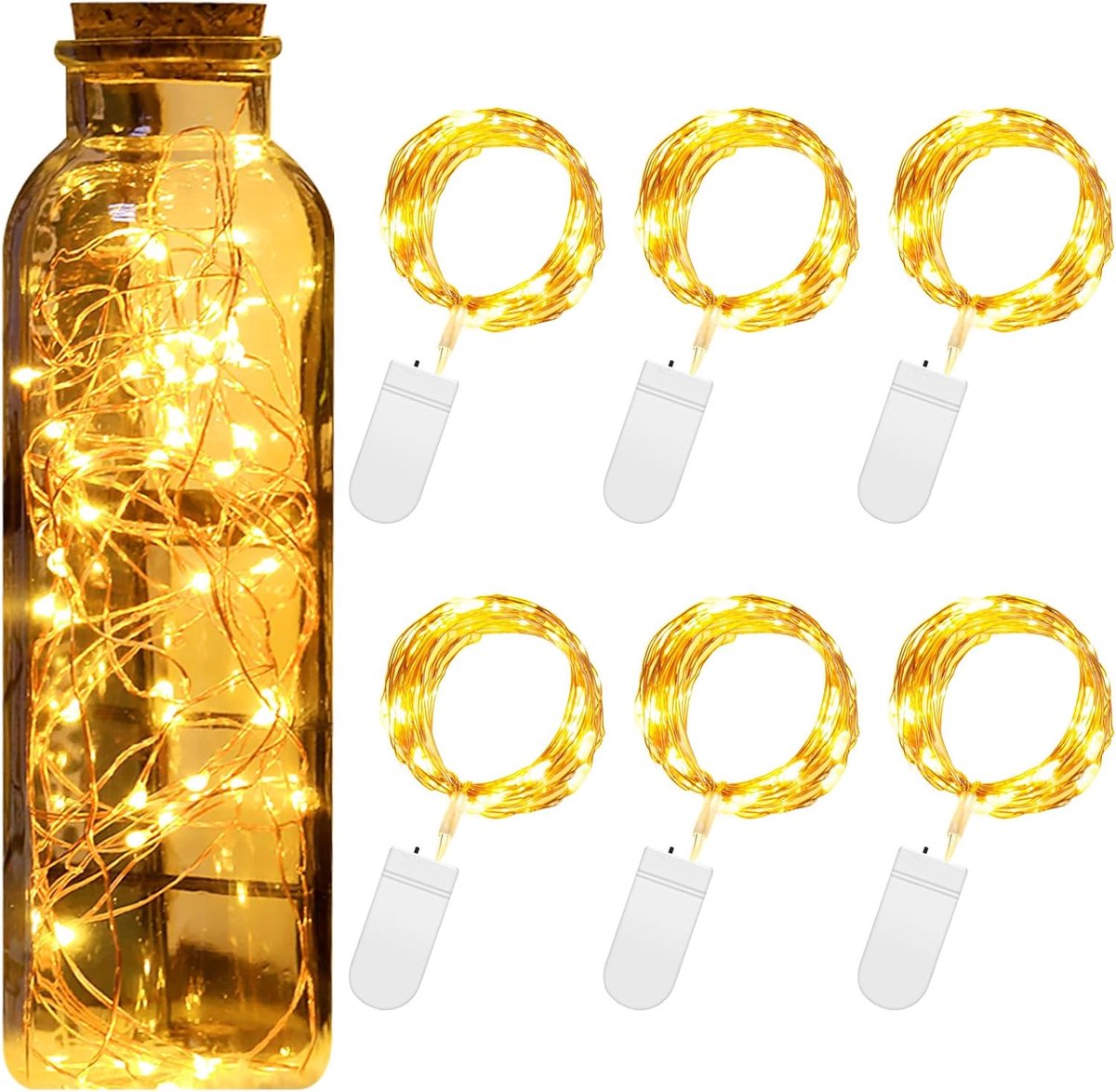 Lichtketting met batterij, voor buiten, 6 stuks, 2 m, warmwit, kerstverlichting, raamlichtgordijn binnen, ideale decoratie voor kerstboom, tuin, feest