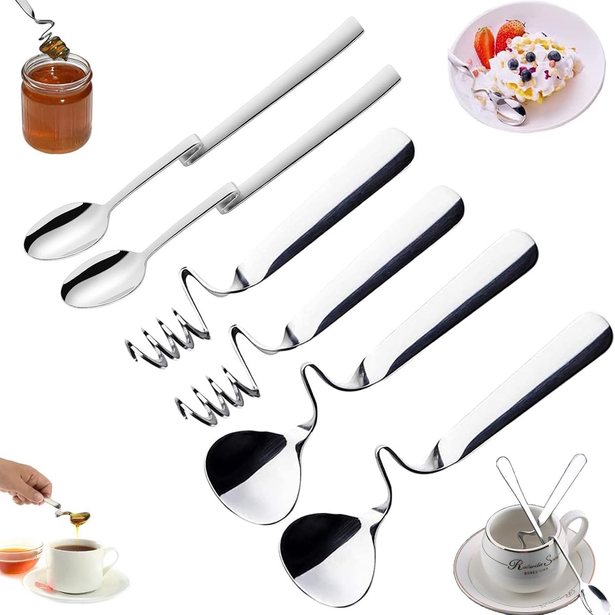 roestvrij staal en jamlepel, 6 stuks roerlepelset, hoogwaardige honing/jamlepelset, dessertlepel, hangende jamlepel, honinglepel met spiraal, geschikt voor jam, yoghurt