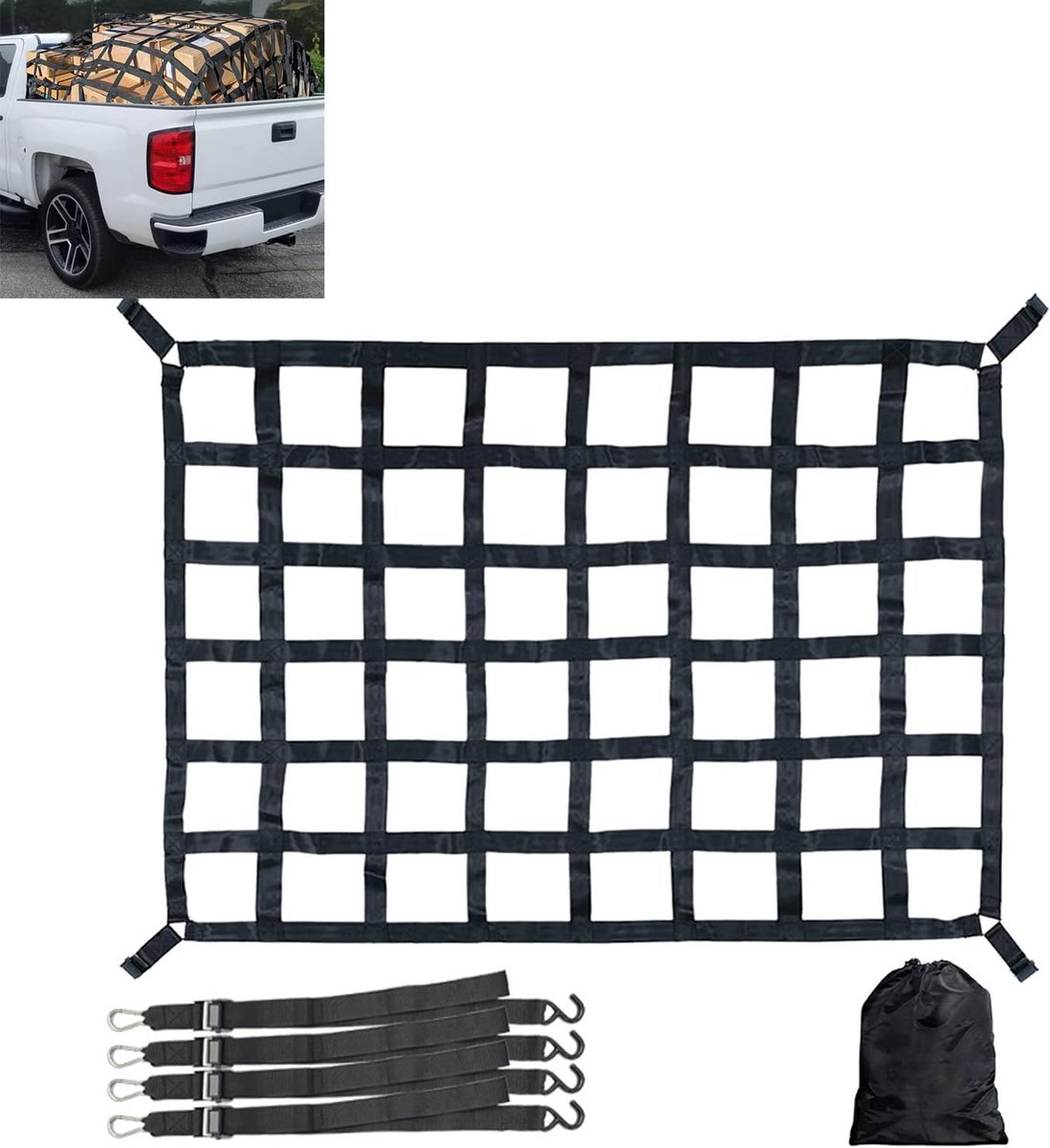 net voor aanhanger, verstelbaar vrachtnet, ladingnet organizer, net ladingbeveiliging voor SUV, pickup truck, aanhanger, 208 cm x 127 cm