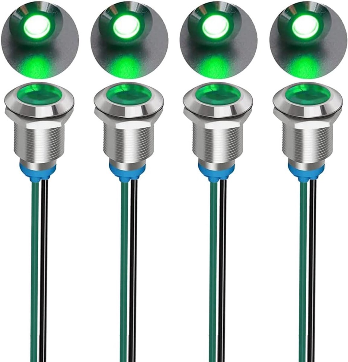 4stks 12mm 3V-4.5V-5V-6V-7.5V-9V LED Metalen Indicator Licht Waterdicht Signaal Lamp met Draad (Groen)