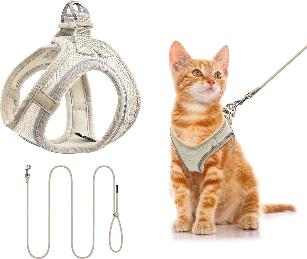 Kattenharnas met riem, puppyharnas met wandelriem (XS, beige) | Riem van 255 cm, anti-ontsnapping, licht, ademend, zacht en comfortabel, reflecterende band, voor wandelingen en reizen