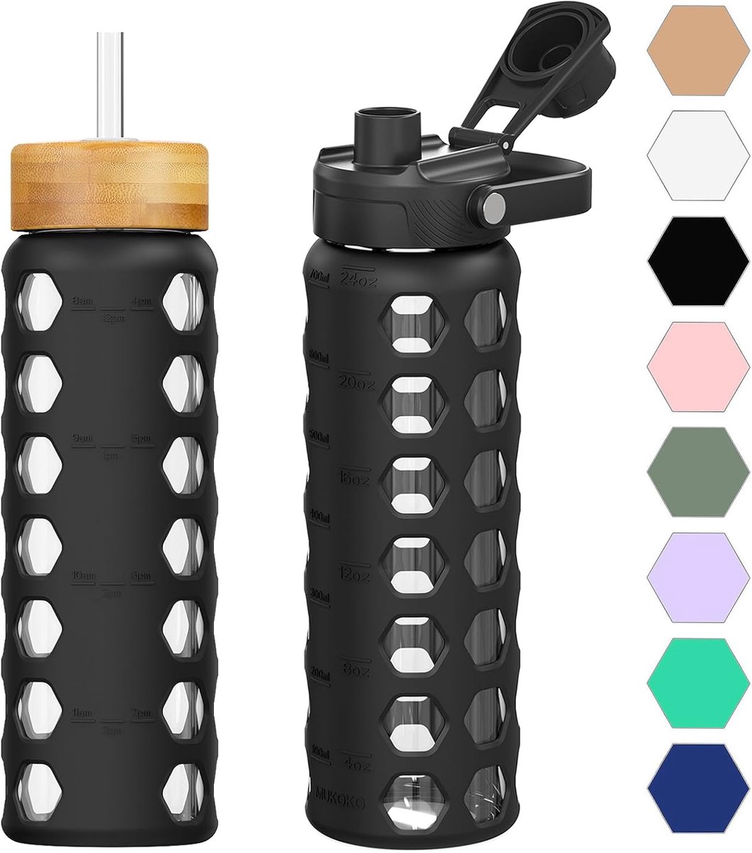 waterfles, 700 ml, glazen waterfles met 2 deksels, met klapdeksel en bamboe rietje, sportwaterfles met tijdherinnering en siliconen hoes, lekvrij, BPA-vrij, zwart