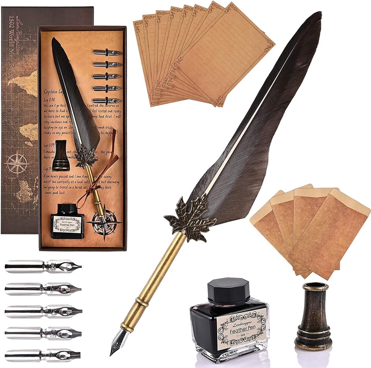 Veerstift, ganzenveerset met 5 reserveveren, kalligrafiepen, quill-stiftset met inkt, penhouder, 8 enveloppen en 4 enveloppen