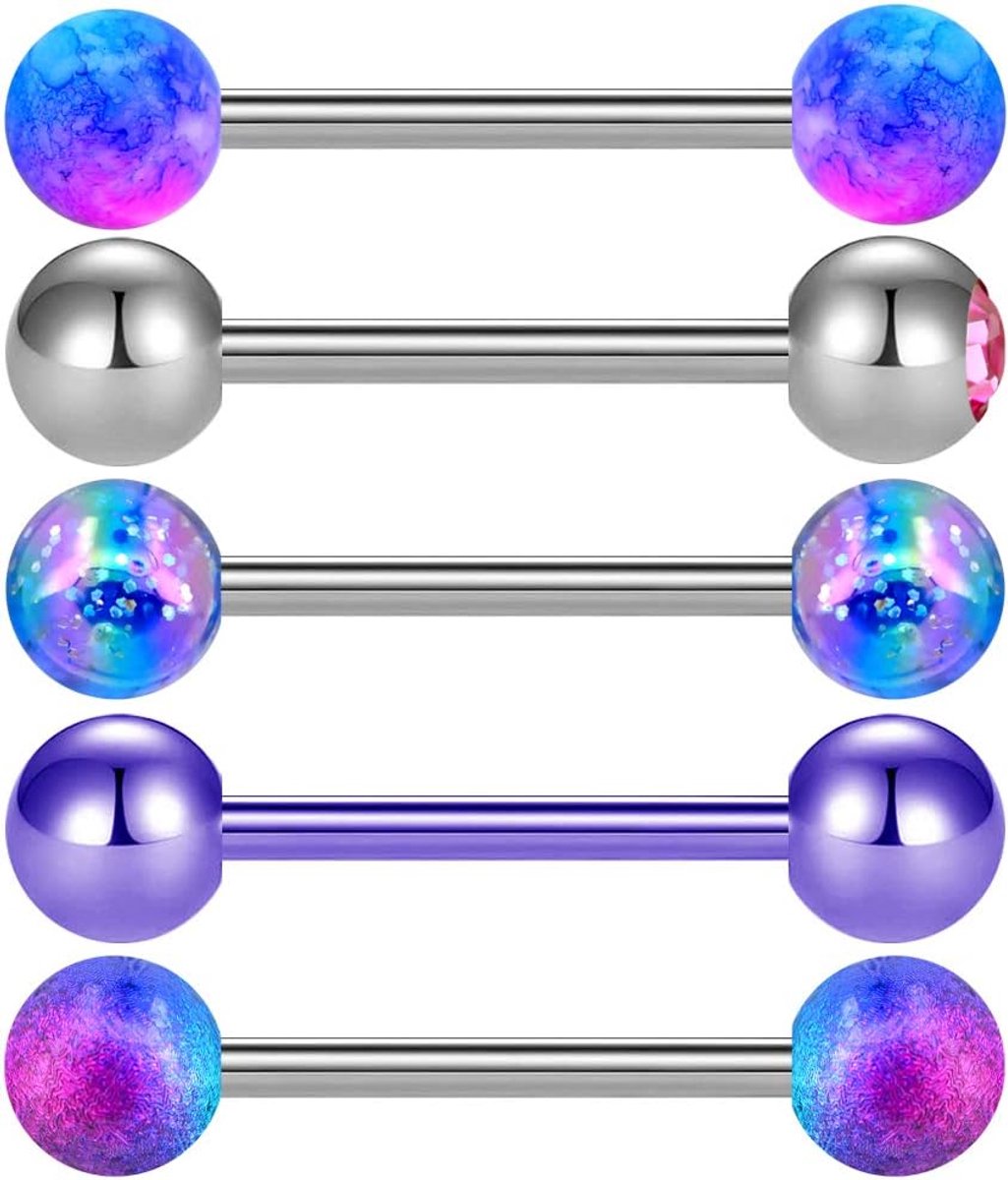 14G 5 STKS Tongstaven Ballen 16mm Sets Paars Chirurgisch Staal Tong Piercins Barbell Clear CZ Metalen Sieraden