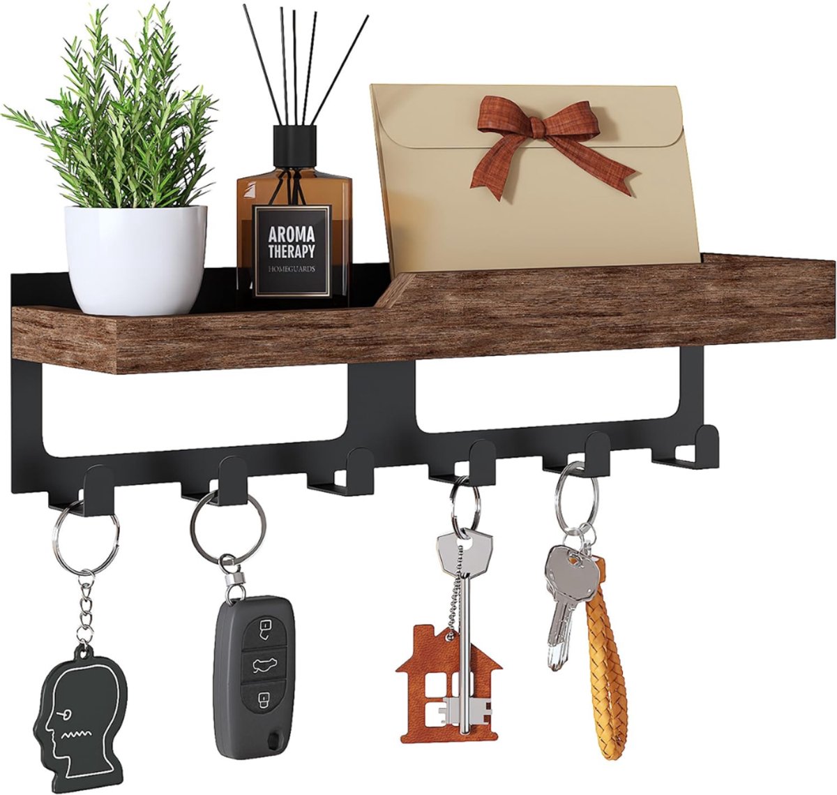 ZRNS® Sleutelbakje met Plank - Sleutelrekje Hangend - Sleutelhouder Wandmontage - Sleutel Bakje - Key Organizer - 6 Sleutelhaken - Hout