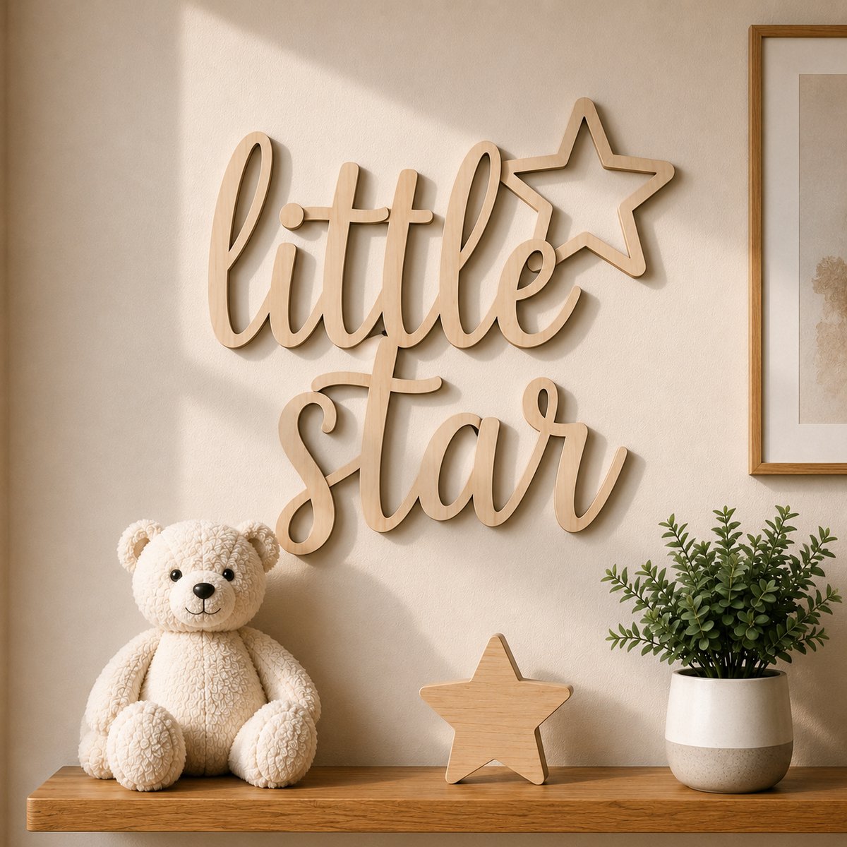 Houten Muurdecoratie "Little Star" – 40 x 40 cm – 5 mm Multiplex – Kinderkamer Wanddecoratie met Ster – Natuurlijk Hout/ baby