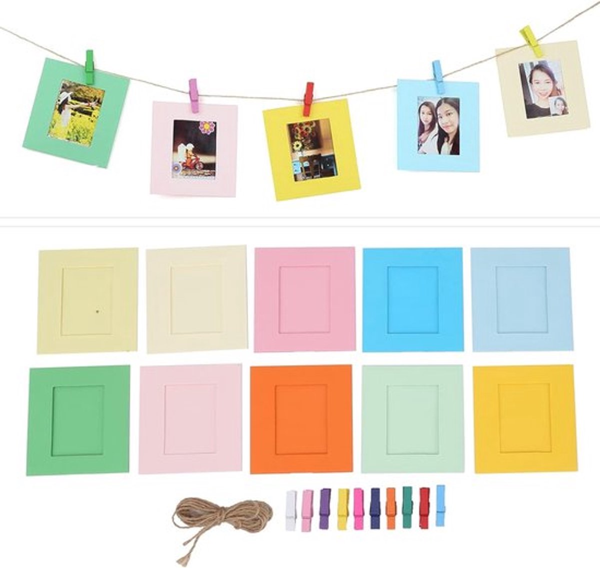 DIY Fotolijsten Set van 10 Stuks, 3 Inch Kartonnen Fotolijsten met Houten Clips en Touw, Multicolor Wanddecoratie voor Thuis, School en Kantoor
