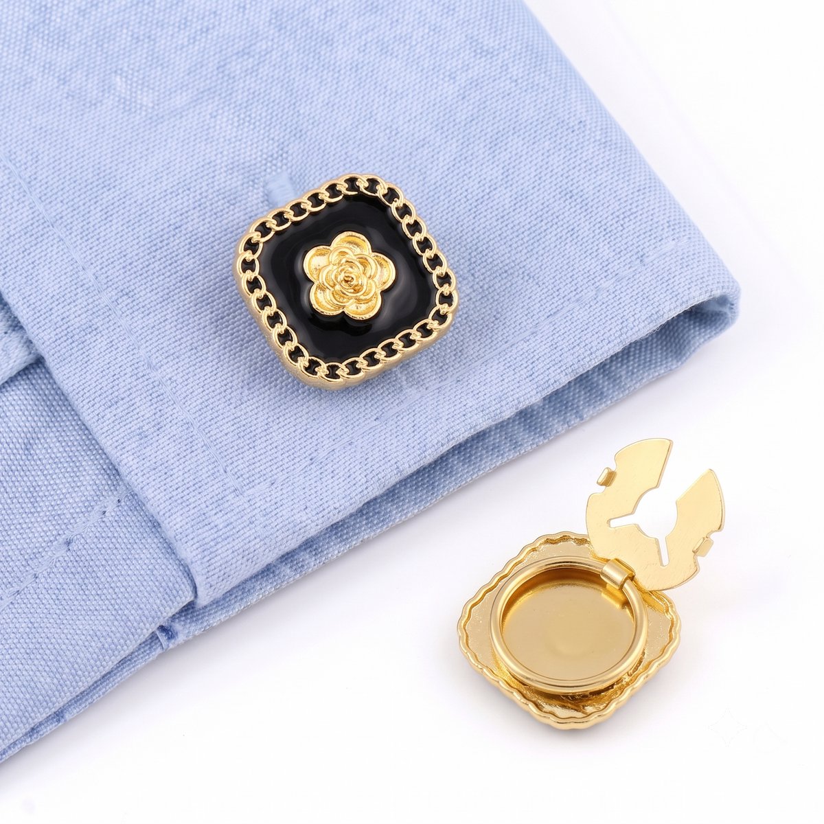 Button Covers Set van 2 - Knoop Covers voor Overhemden & Blouses - Met Bloem Motief & Kettingschakel Rand - Manchetknopen Alternatief - Accessoires Cadeau - Zwart