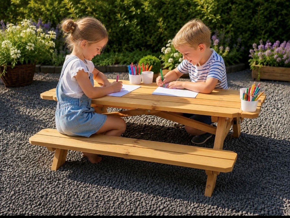 kinderpicknicktafel - Slim ontwerp met bekerhouders + 4 bekers - picknicktafel - tafel - tuintafel - zomer - parasol - kinderen