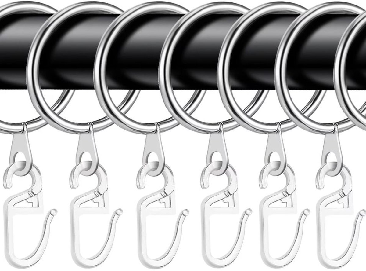 40x Gordijnringen - Douchegordijn ringen - Curtain rings - Gordijnen ophangen - Met kunststof haakjes - 30 mm binnendiameter - RVS - Jonyx