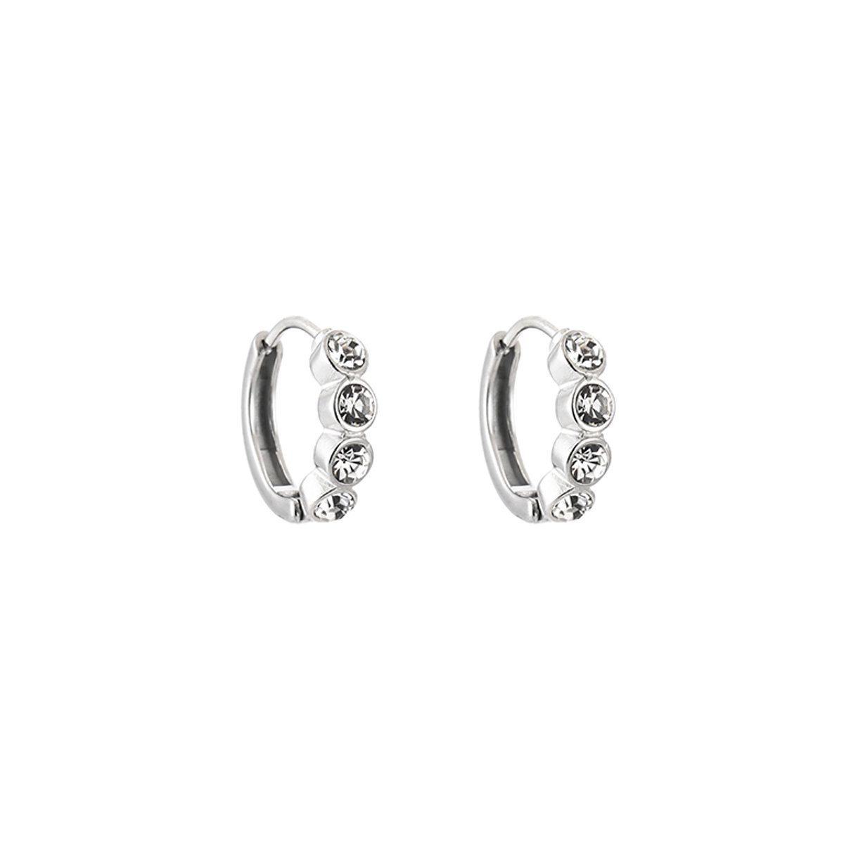 Four-Stone Bezel Zirconia Huggie Hoops – Luxe Oorringen met Zirkonia Strass – RVS - Zilver