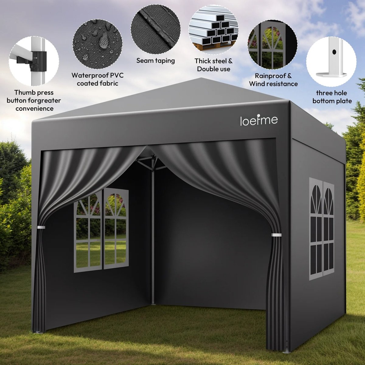 Wentinkmo Loefme 2.5X2.5M - Tuinpaviljoen Waterdichte feesttent -Buitentent 4-zijdige stoffen doek zonnescherm.