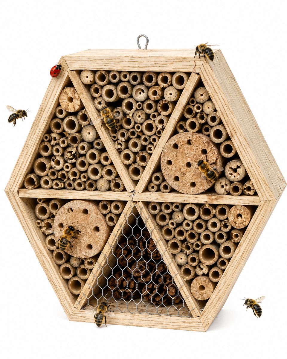 Hexagon Insectenhotel - Bijenhotel - Goed voor Insecten in de Tuin - Vlinderkast - Vlinderhotel - Natuurmonumenten Insectenhuis -Vlinderhuis - Bijenkast - Animal King - Hout