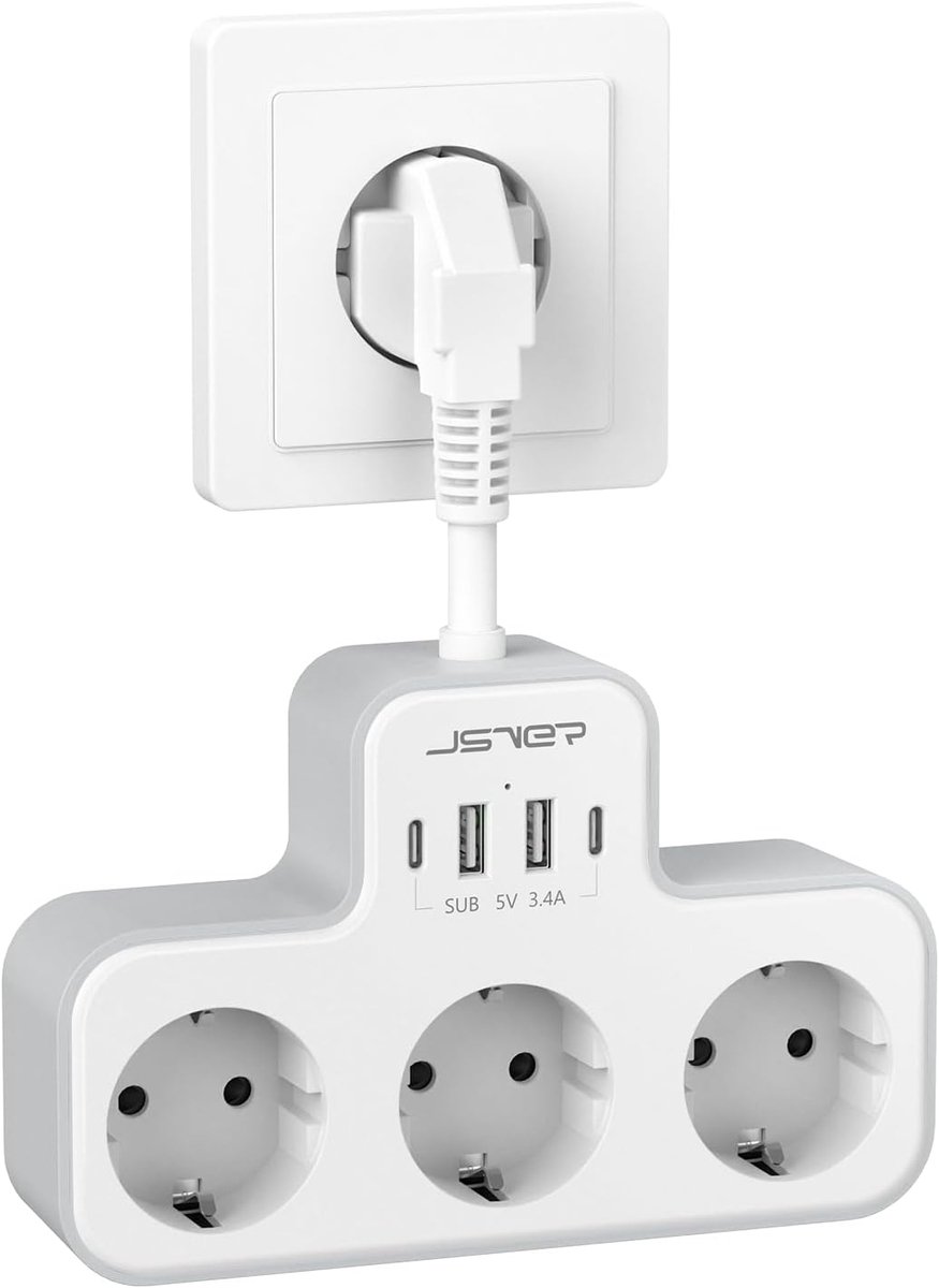 SnelShoppen - 3-Voudige USB-Stekkerdoos met 4 USB-Poorten, 7-in-1-Stopcontactadapter met Flexibele Kabel, 2 USB A en 2 USB C, Wit voor Thuis, Kantoor,