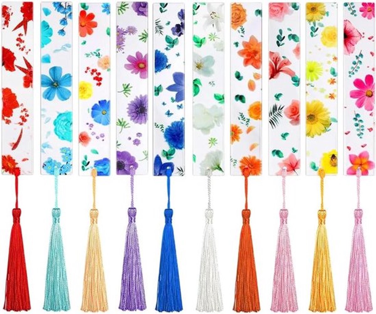 - Acryl Bladwijzers - Bloemen - Polyester - Bloem Bladwijzer - Kwastje - Kleurrijk Patroon - Boek Markers - Geschikt voor Lezers Studenten - Rechthoekig - 20 Stuks 10 Kleuren Acryl Bloemen Bladwijzers Dangle Decoratief 5,5 x 0,98 Inch.