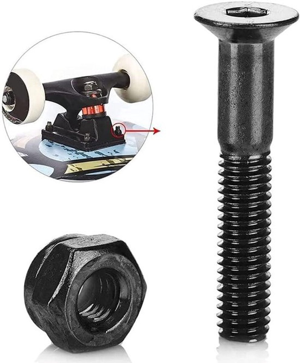Skateboard Schroeven Longboard Hardware Set Bridge Nail Truck Schroeven Moeren Vervanging Zwart 25mm - - Skateboard - Accessoires - Zwarte Longboard Onderdelen - Vervanging Stukken - Geschikt voor Skateboards - Zwart 25mm - 16 stuks