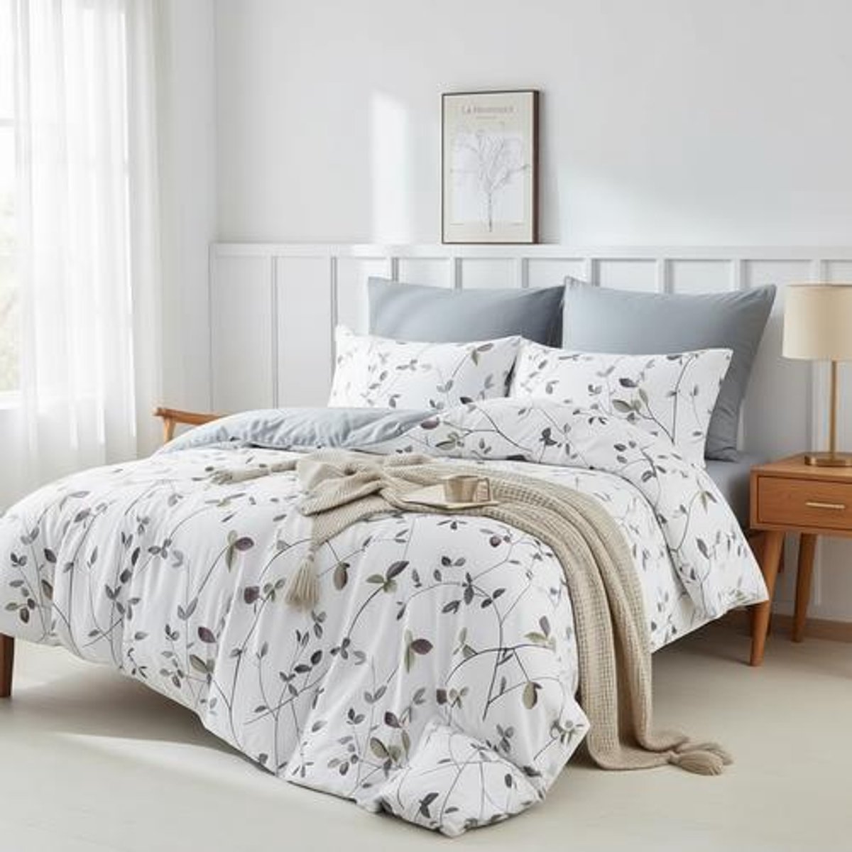 Arvion Dekbedovertrek 3-delig 220x240 met ritssluiting en 2 kussenslopen 80x80 cm - Microvezel wit met takkenpatroon