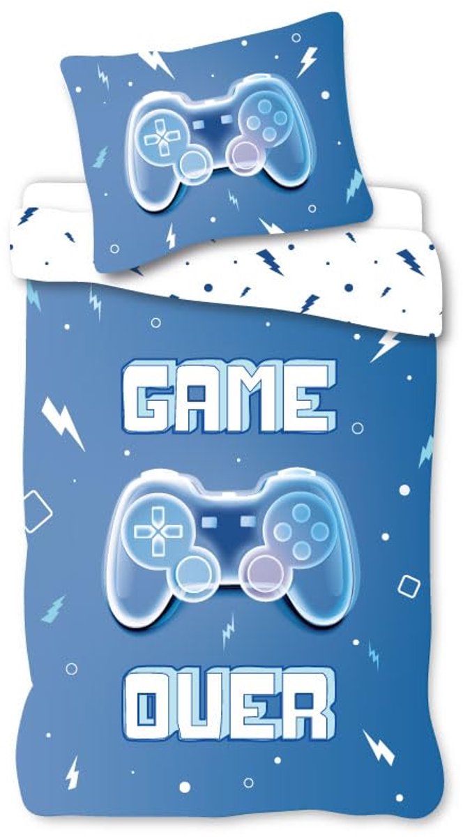 SnelShoppen - Gaming Beddengoedset 140x200 cm - Dekbedovertrek Kinderen Jongeren - 100% Katoen - Omkeerbaar - Game Over Design Blauw/Wit - Inclusief K