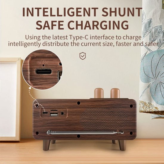SnelShoppen - Retro Bluetooth-luidspreker-radio walnoothout, vintage FM-radio met 20W dual-speaker stereo, draagbare draadloze muziekspeler voor feest van Snelshoppen — afbeelding 2
