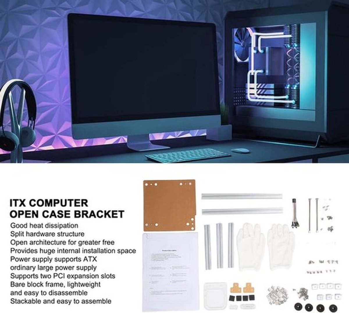 Computerbeugel Aluminium - ITX Computer Open Case - Ondersteuning Grafische Kaart - 2 PCI-uitbreidingsslots - Afmetingen L315 x B210 mm - Inclusief Voedingskabel - Computerbehuizing