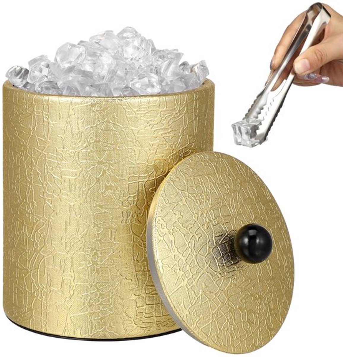 IJsemmer Dubbelwandig met Deksel - IJsblokjeshouder met Tang - Geïntegreerde Zeef - Wijnkoeler/Champagnekoeler - 1,3 L Capaciteit - Perfecte Isolatie - Ijskoeler
