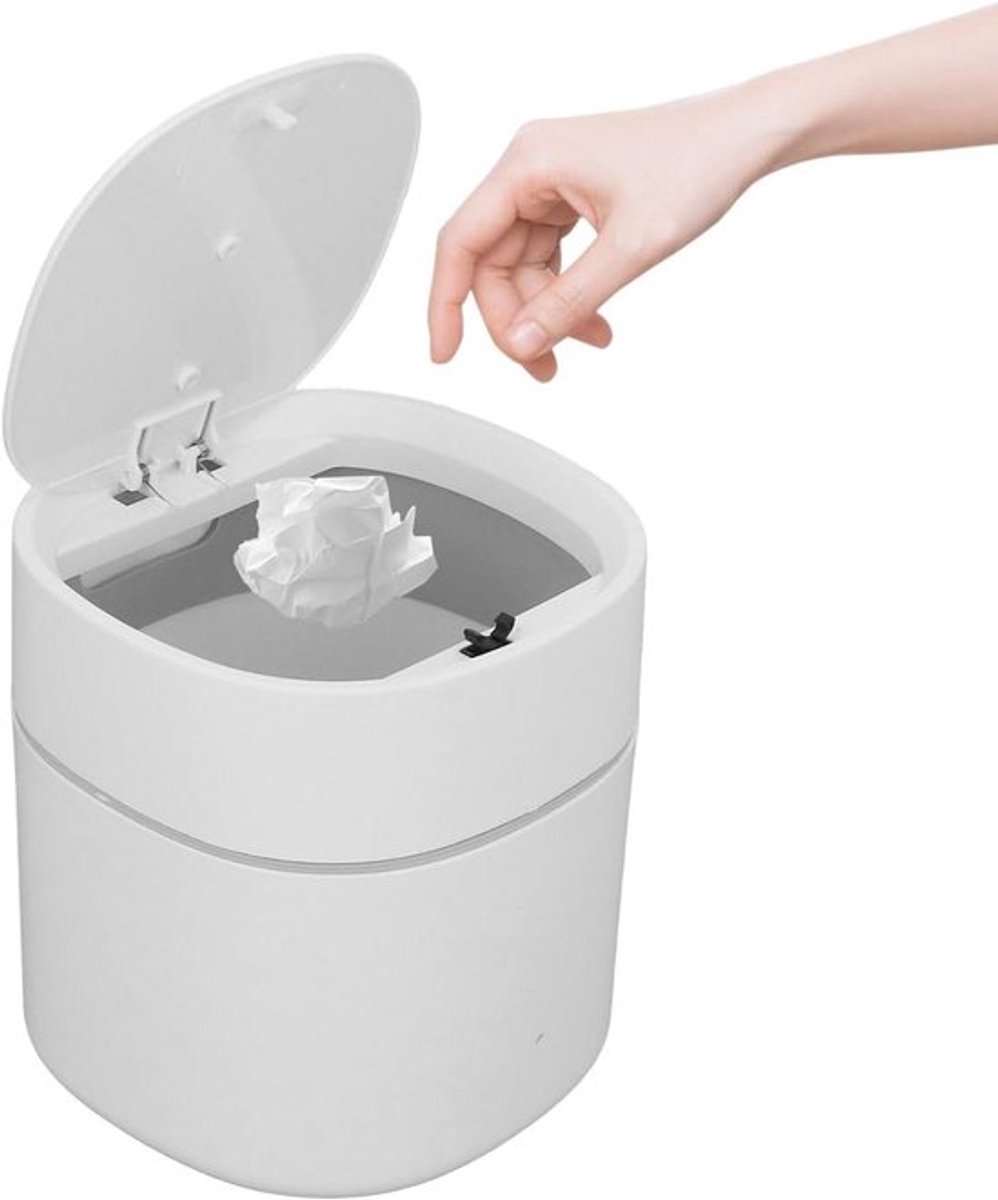 Witte kunststof tafelafvalemmer 1,5L - Geschikt voor desktop - Mini vuilnisemmer voor badkamer en slaapkamer - Compact en praktisch - 14 x 13 cm