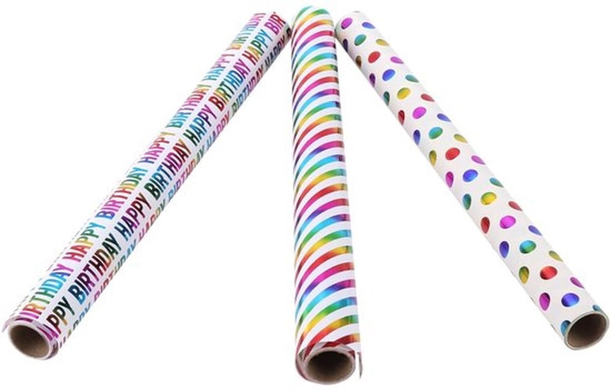 Cadeaupapier set van 6 - Regenboog inpakpapier - 43 cm breed - 3 m lang - Kleurrijke sterren/stippen - Perfect voor verjaardagen