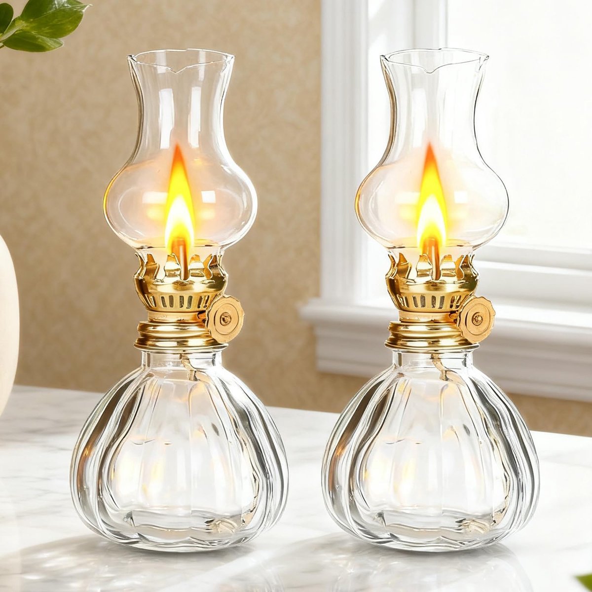 SnelShoppen - 2 stuks vintage petroleumlamp, olielamp met verstelbare vuurlont, stormlamp van glas voor binnen en buiten, sfeervolle woondecoratie, tu
