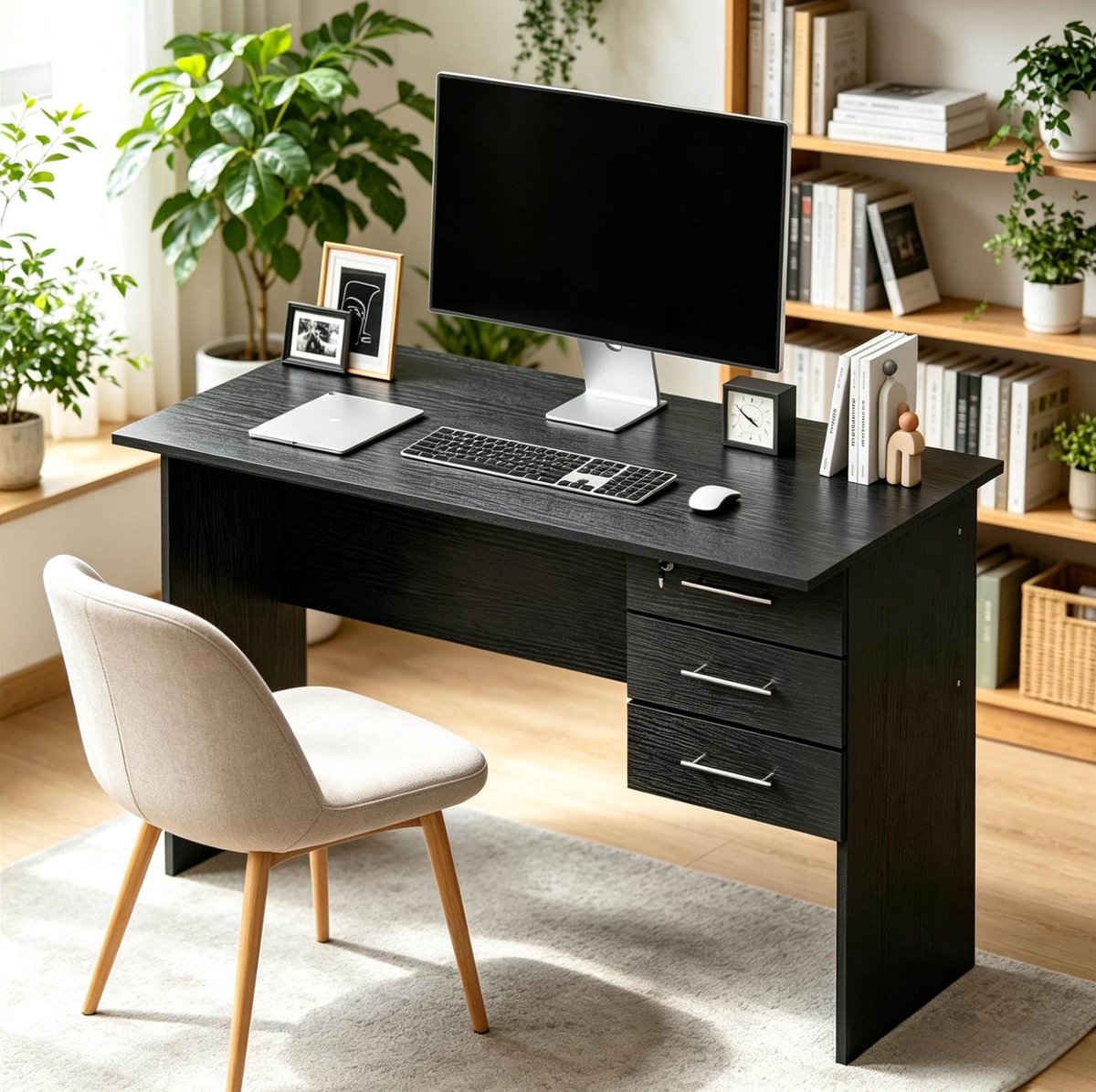 STILVORA Bureau - Houten Computerbureau Met 3 Lades En Slot - Voor Thuis En Kantoor - Zwart - 120x60x75 Cm