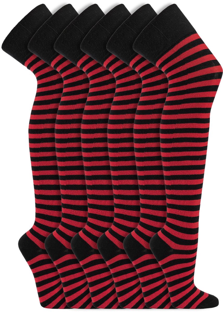 6 Paar - Dames Kniekousen - Katoen - Socks4fun - Zwart Rood