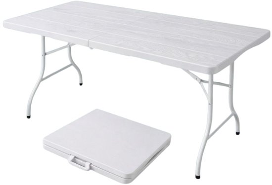 Witte inklapbare tafel met metalen poten en een gevouwen, wit tafelblad ernaast, op een witte achtergrond.