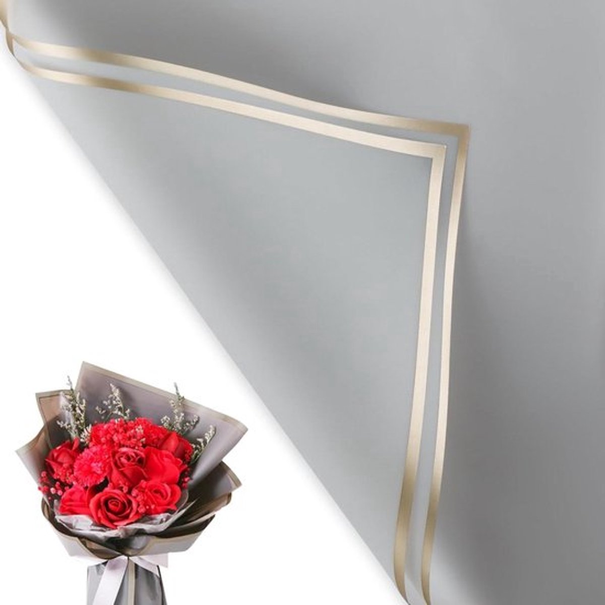 Bloemenboeket inpakpapier voor bruiloft, verjaardag en feest - Waterdicht geschenkverpakkingspapier - 20 vellen - DIY kunsthandwerk - Lichtgrijs en gouden rand - 57 x 57 cm