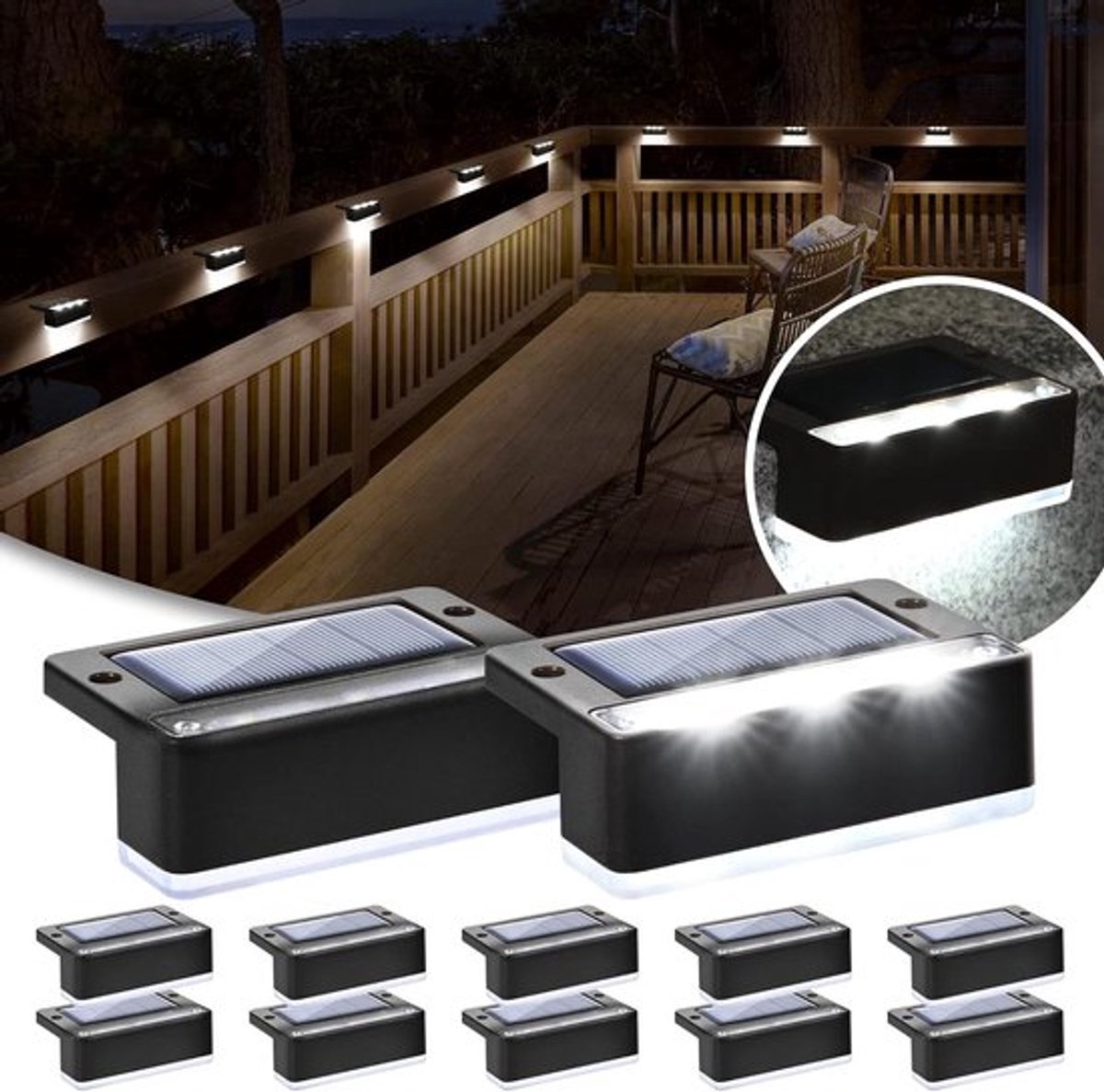 Set van 12 waterdichte zonnelampen voor buitentrap en tuin met koude witte LED-verlichting