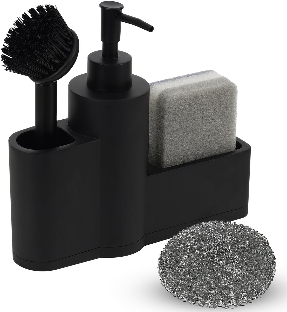 SnelShoppen - Dadabig Spoelbakorganizer met Zeepdispenser Set, Roestvrijstalen Reinigingsborstel, Keuken Organizer voor Wastafel, Zwart, Ideaal voor K