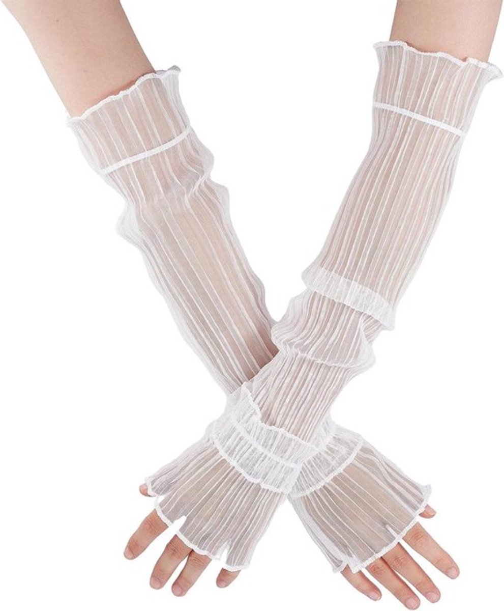 Lichte kanten manchetten met ruches, vingerloze handschoenen, transparant, zonwering, accessoires voor kostuumjurken, wit - Feestelijke Kanten Manchetten en Handschoenen met Zonwering