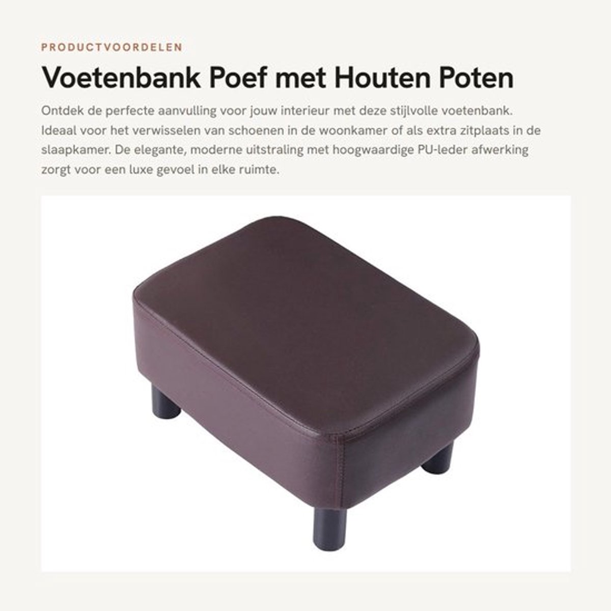 Voetenbank 42 cm - Moderne Poef - Houten Poten - Waterdicht PU-leer - Antislip Voetpad - Gewatteerde Zitting